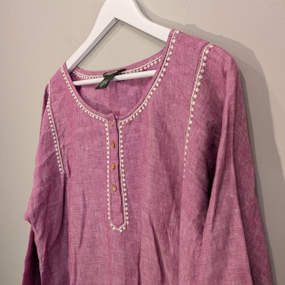 Eddie Bauer Linen Blouse Kaftan Tunic Embroidered Lagenlook Coastal - Size XLT - Picture 3 of 8